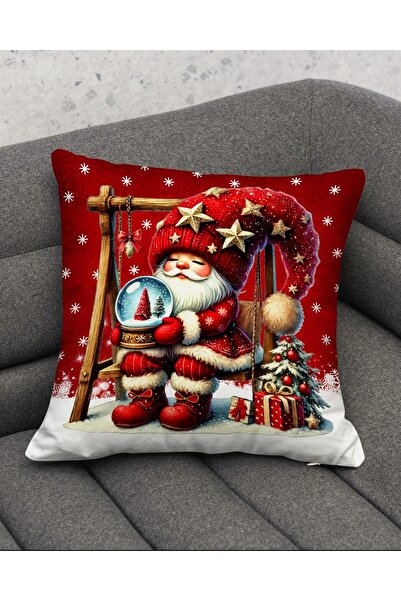 Şah Dekor Christmas Themed Red Background Dwarf Patterned Set of 2 Digital Printed Gift Pillow Cushion Cover Set