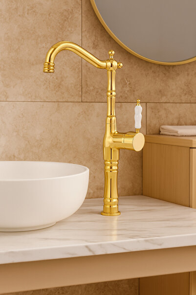 banyosepeti صنبور حوض غسيل ذهبي عالي الجودة - مطلي بطبقة PVD، مع ذراع سيراميك...