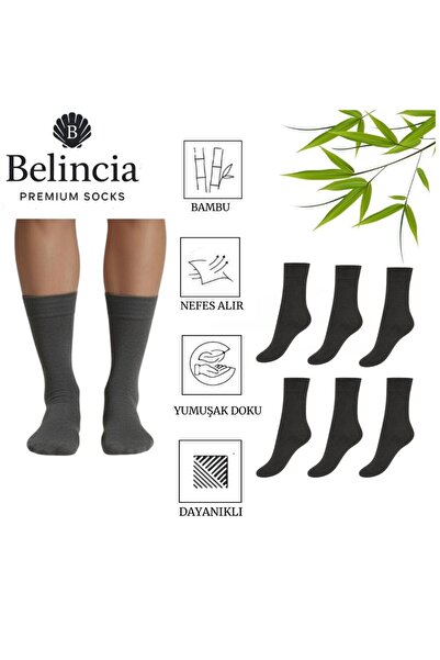 belincia Bambu Men's Socket Long Straight Anthracite Socks Stitch-Free 6-Pack