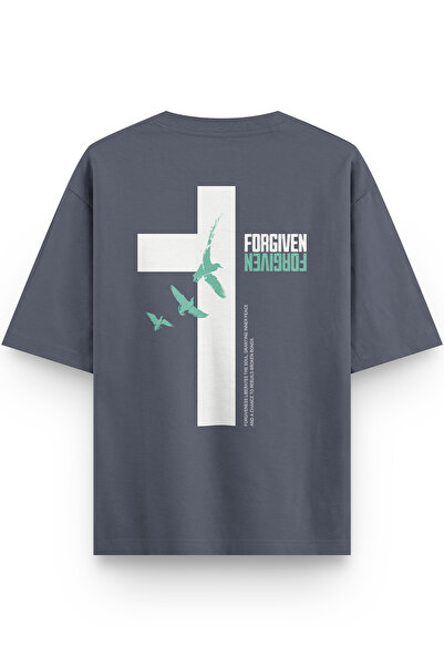 Overoz Forgiven Half Oversized Dark Gray T-shirt with Back Print 1411