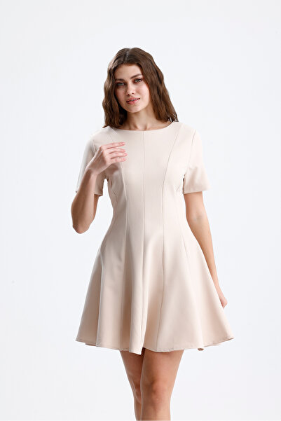 markazzi Γυναικείο Μπεζ Οβάλ Φόρεμα με Πλισέ Λαιμόκοψη