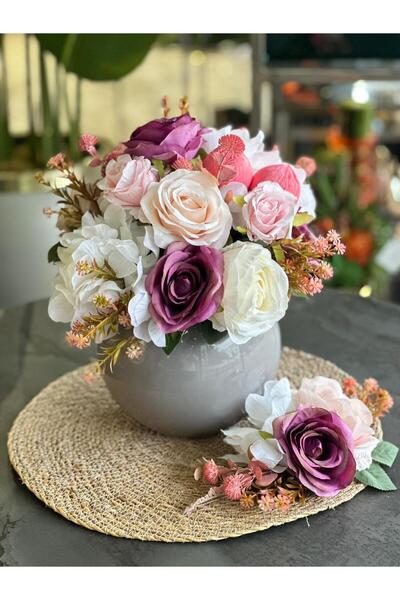 TASARIMHMODA Yapay Çiçekli Cam Vazo ve Supla Set No:4