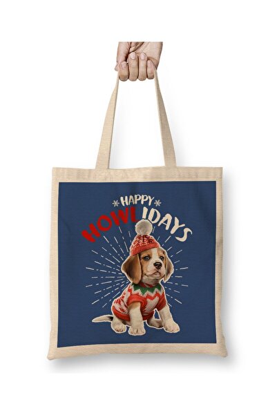 Toyaso Happy Howlidays Dog Christmas New Year White Cloth Bag Long Handle Shopping Bag