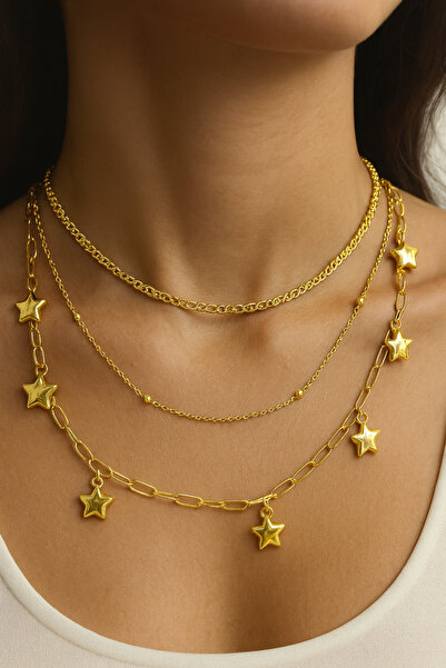 SEZİNİN TAKI DÜKKANI 3-Piece Star Detail Design Chain Necklace