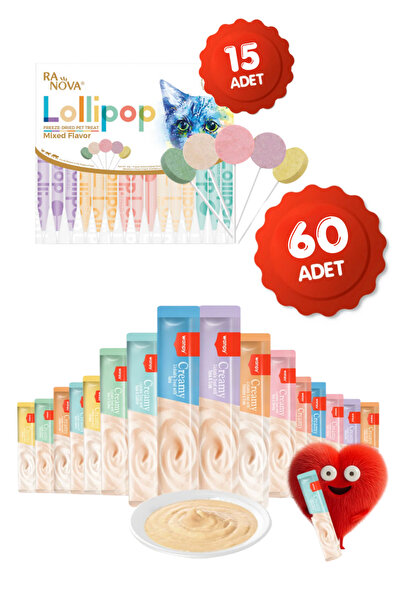Wanpy Krema Kedi Ödül Maması 60 Adet 14gr 15li Karışık Lezzet Lolipop Kedi Ödülü Hediyeli