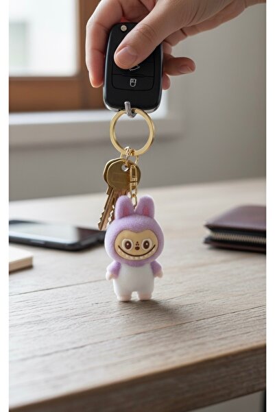 Generic Bubu Character Keyring | Fluffy Pink and White Smiling Monster Charm