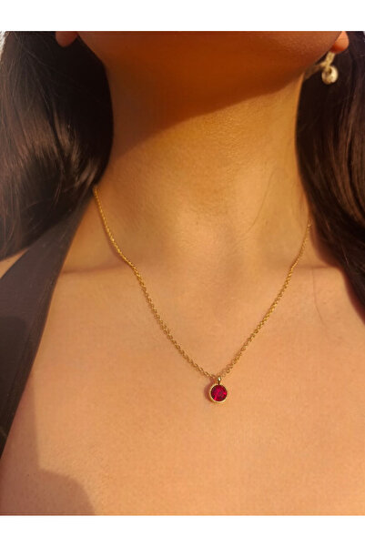 BeyzHal Altın Renk Zincirli Kırmızı Taşlı Minimal Kolye – Kadın Şık Günlük Ak...