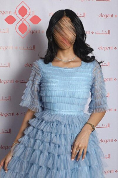 Elegent Soft blue layered tulle evening dress with short sleeves