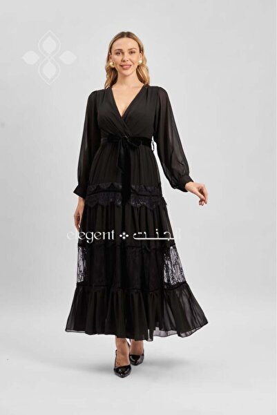 Elegent Black chiffon dress with a velvet belt and elegant lace layers