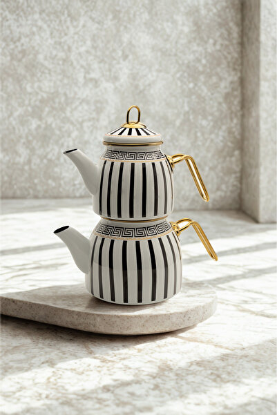 Yaren Style Enamel Teapot Set Black and White Striped with Gold Color Metal Handle Luxury Design