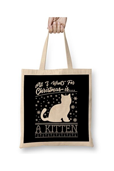 Toyaso All I Want for Christmas Is a Kitten Knit Cat Christmas White Tote Bag Long Handle Shopping Bag