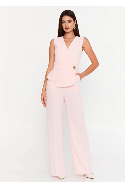 DEV LINE Salopeta Roz Pudrat cu Peplum și Decolteu V