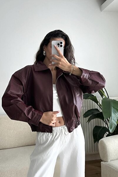 PRİFALDİ Jachetă bomber supradimensionată din piele Premium Pb, cu talie elas...