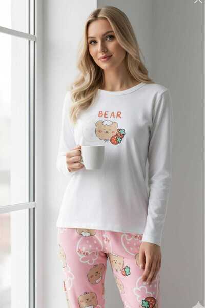 PEMBİŞ HOMEWEAR KADIN PİJAMA TAKIMI UZUN KOLLU PEMBE AYILI DESEN