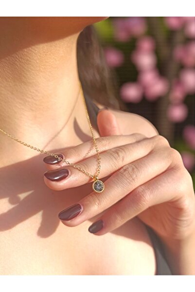BeyzHal Altın Renk Zincirli Antrasit Taşlı Minimal Kolye – Kadın Modern Şık G...