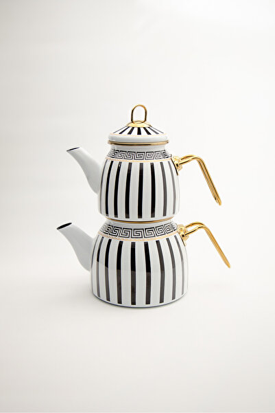 Yaren Style Enamel Teapot Set Black and White Striped with Gold Color Metal Handle Luxury Design