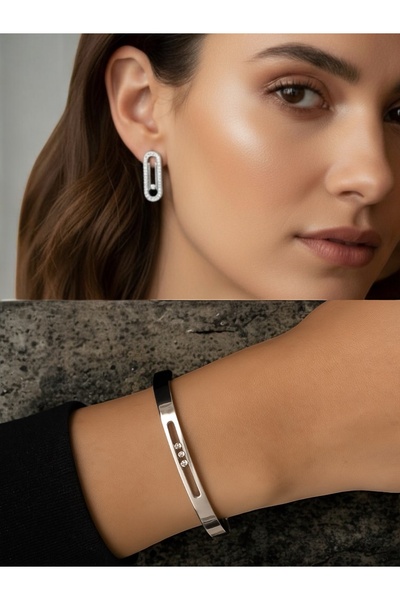 NEW STYLE A sophisticated and luxurious accessory set consisting of a 6cm bracelet with movable stones and zircon-studded earrings, presented in a suitable gift box.