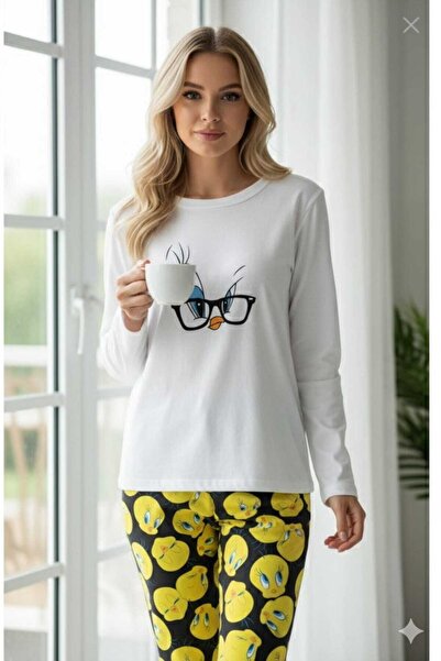 PEMBİŞ HOMEWEAR KADIN PİJAMA TAKIMI UZUN KOLLU GÖZLÜK TWEETY DESEN