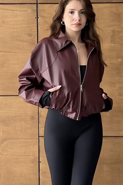 PRİFALDİ Jachetă din piele London Oversize Bomber cu talie elastică, roșu claret