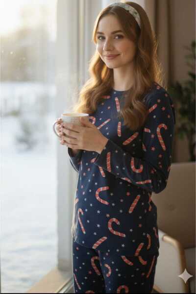 PEMBİŞ HOMEWEAR KADIN PİJAMA TAKIMI UZUN KOLLU YILBASI SEKERİ