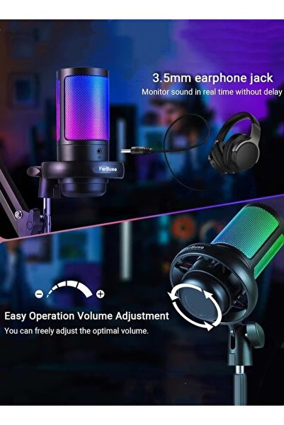 Generic USB PC Gaming Microphone with RGB Light Condenser Microphone with Window (Black-with Boom Arm)