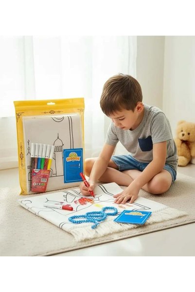 Dekomina Painted Washable Educational Boys' Prayer Mat and Prayer Beads Set
