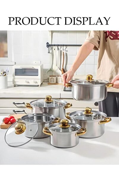 DOMEET 10Pcs Stainless Steel Cookware Set, Household Kitchen Non Stick Pot Set