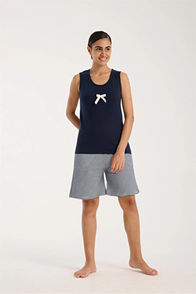 mtm My The Mall Women's Navy Blue Ribbon Detailed Striped Shorts Pajama Set