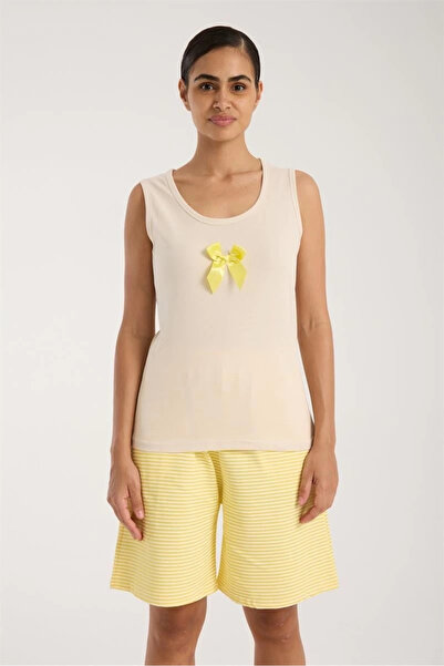 mtm My The Mall Women's White Ribbon Detailed Yellow Striped Shorts Pajama Set