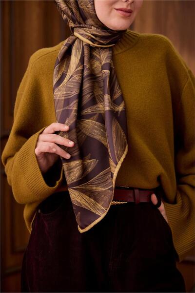 Silk Home Bitter Brown Gold Leaf Pattern Tivil Woven Pure Silk Scarf-Kvs0863