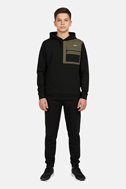 HIND Kids Boy 2 Pieces Brand Logo Hooded Sweatshirt And Bottom Set, Black