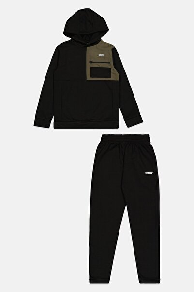 HIND Kids Boy 2 Pieces Brand Logo Hooded Sweatshirt And Bottom Set, Black