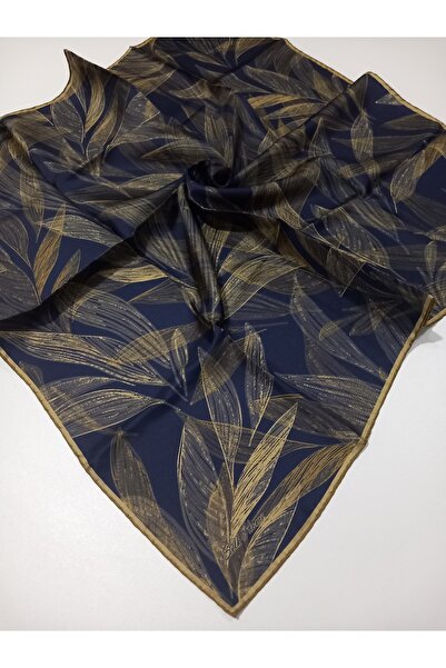 Silk Home Navy Blue Gold Leaf Pattern Tivil Woven Pure Silk Scarf-Kvs0865