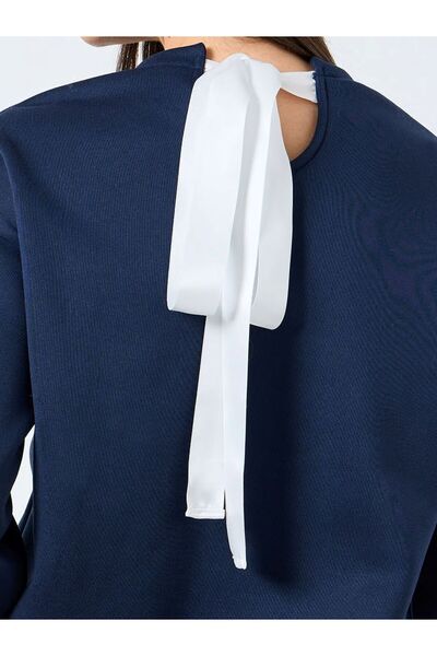 Styli Navy Blue Sweatshirt with Ribbon Tie