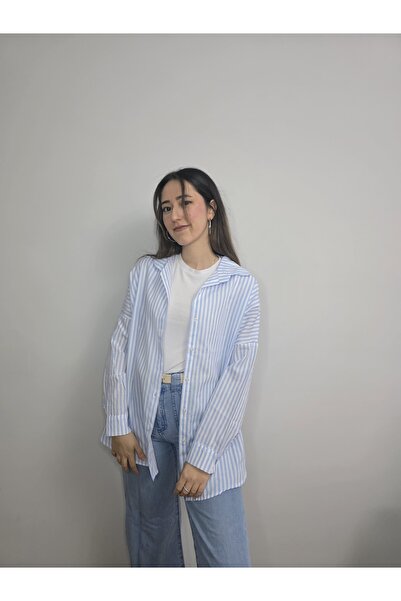 Beril Kara Butik Mavi Çizgili Poplin Gömlek