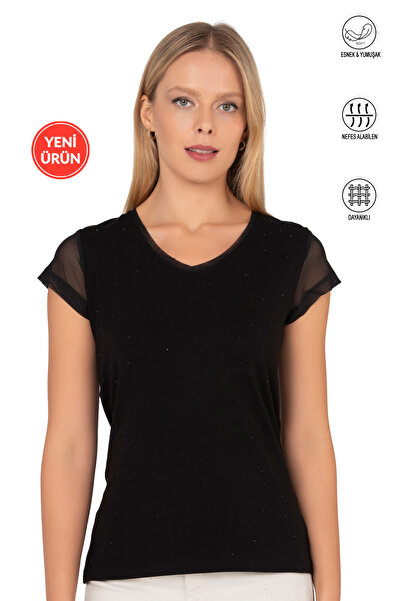 ÖZKAN underwear Özkan 22488 Women Black Viscose Premium Fabric Tulle and Stone Detailed Knitted Blouse Stretch Fabric V-Neck Short Sleeve