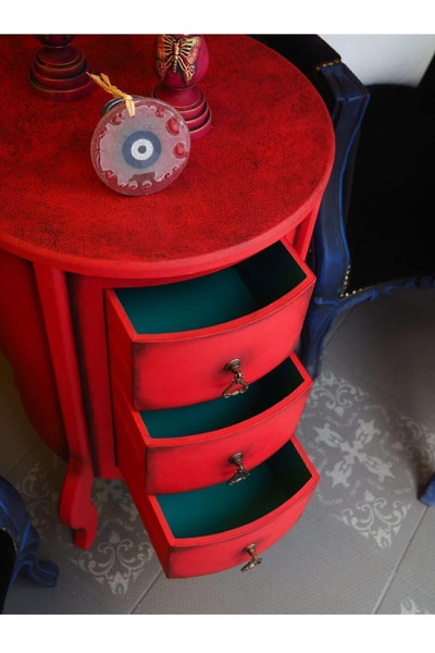 RENDORA MOBİLYA 3 çekmeceli Kırmızı Eskitme Detaylı Vintage Komodin