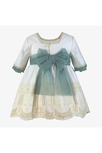 mirandatextil Spanish-style formal dress with embroidered hem and luxurious green belt