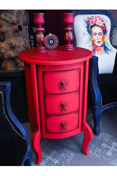 RENDORA MOBİLYA 3 çekmeceli Kırmızı Eskitme Detaylı Vintage Komodin
