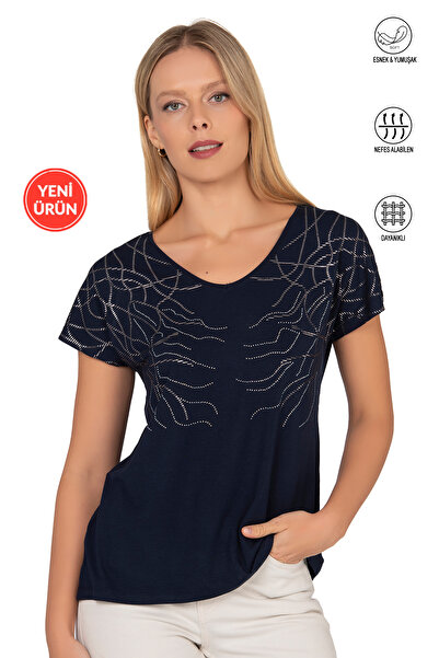 ÖZKAN underwear Özkan 25908 Women's Vorteks Viscose Premium Fabric Stone Detailed Stretch Fabric Short Sleeve Knitted Blouse