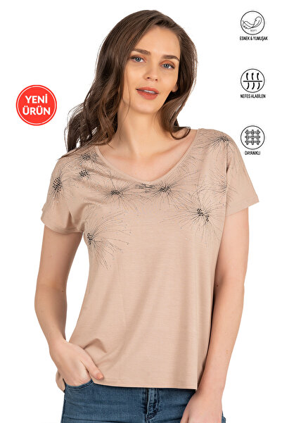 ÖZKAN underwear Özkan 25501 Women's Vorteks Viscose Premium Fabric Knitted Blouse Front Printed Stretch Fabric V-Neck Short Sleeve