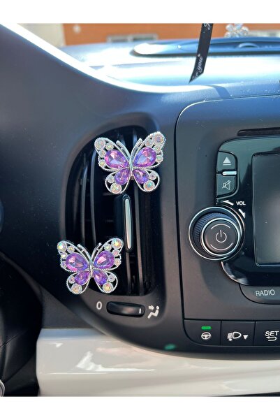 ELENKA زينة مكيف الهواء بمشبك داخل السيارة، زينة فتحة التهوية على شكل فراشة بنفسجية مع أحجار الزركون والألماس، قطعتان