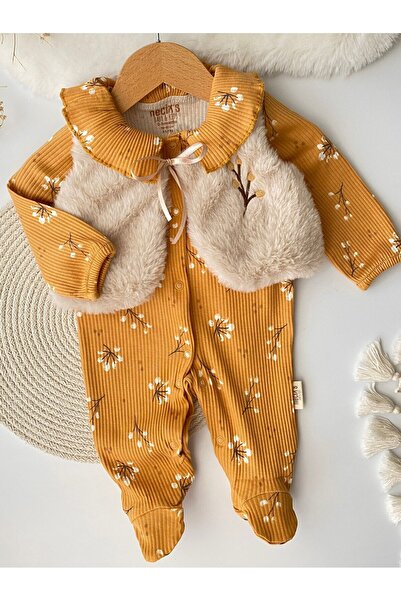 Necix's Plush Vest with Floral Pattern, Ribbed Stretchy Fabric, Snap Fasteners, Booties, Set of 2 Baby Girl Rompers