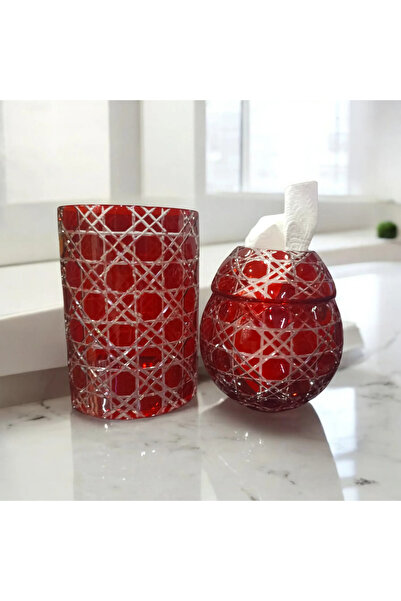 Glowvera طقم حامل مناديل وسلة مهملات من الزجاج الكريستالي الملون