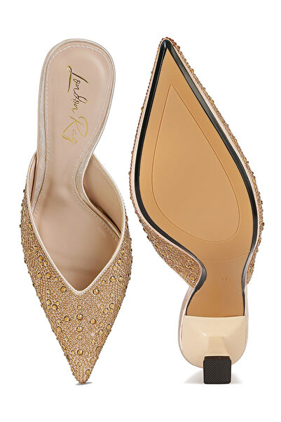 london Rag Women Rhinestones Embellished Satin Mules in Beige Gold