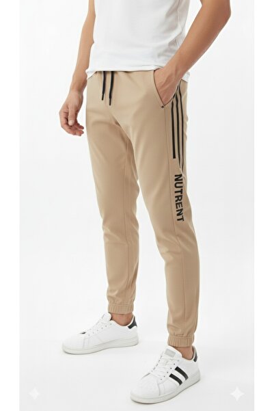 STITCH by MH Men’s Beige Athletic Joggers with Black Side Stripes