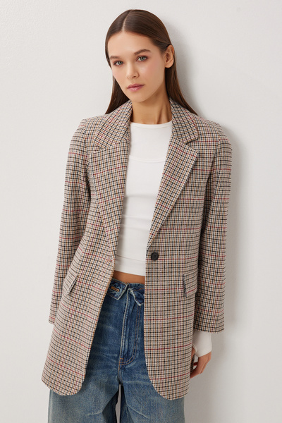 Lovelyİstanbul Jachetă blazer simplă cu carouri din pernițe pentru umeri piese LXA0019 BLACK BONE