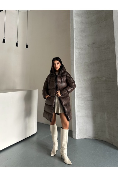 Fashionbox Women's Gel Padding Hooded Zipper Long Puffer Coat 25122