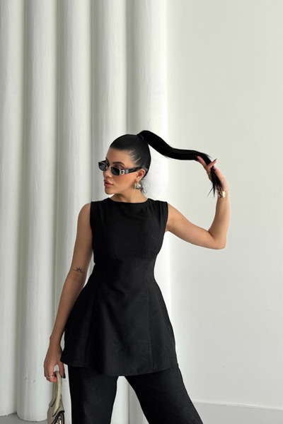 Modayakamoz جاكار كتان بدون أكمام بلوزة-بنطلون TK - أسود