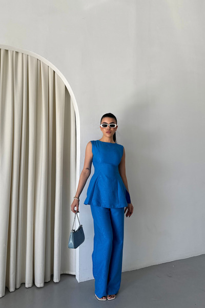 Modayakamoz جاكار كتان بدون أكمام بلوزة-بنطلون TK - أزرق